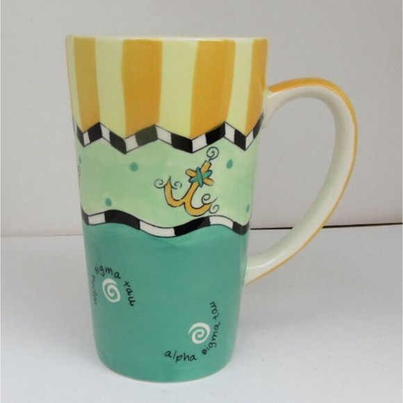 Alexandra and Company Tall Coffee Mug Alpha Sigma Tau Green Yellow Stripes - Picture 1 of 4